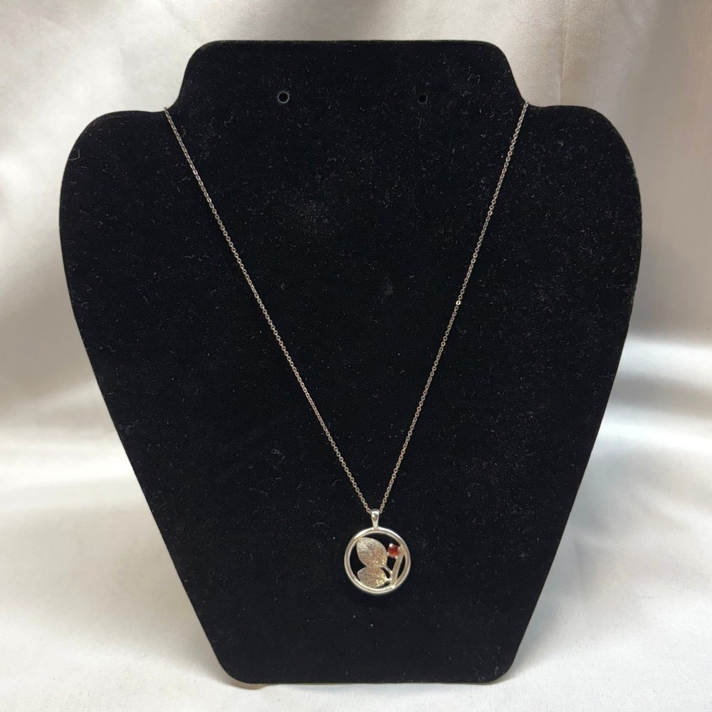 Vince Story Necklace Women OS Silver Excellent Garnet Leaf 925 Pendant 18in